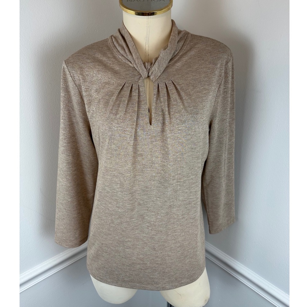 KARL LAGERFELD Metallic Gold & Beige Knit Keyhole Twist-Neck Top | Small